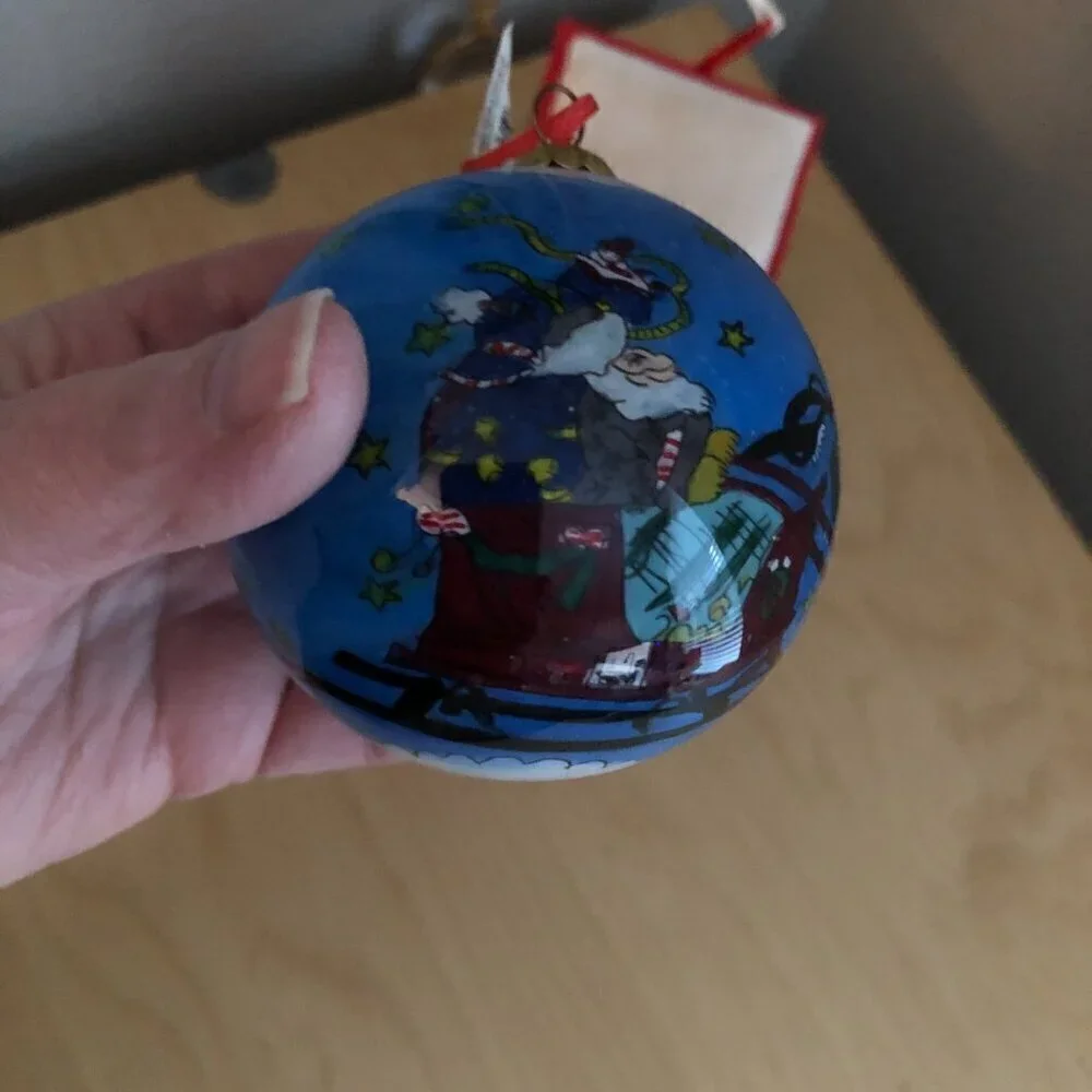 Vintage Bien Hand Painted Santa Sleigh Reindeer 1990's Christmas Glass Ornament